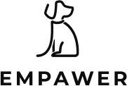 Die Silhouette eines Hundes mit dem Namen EMPAWER LIFESTYLE & NUTRITION, EMPAWER Markenlogo.