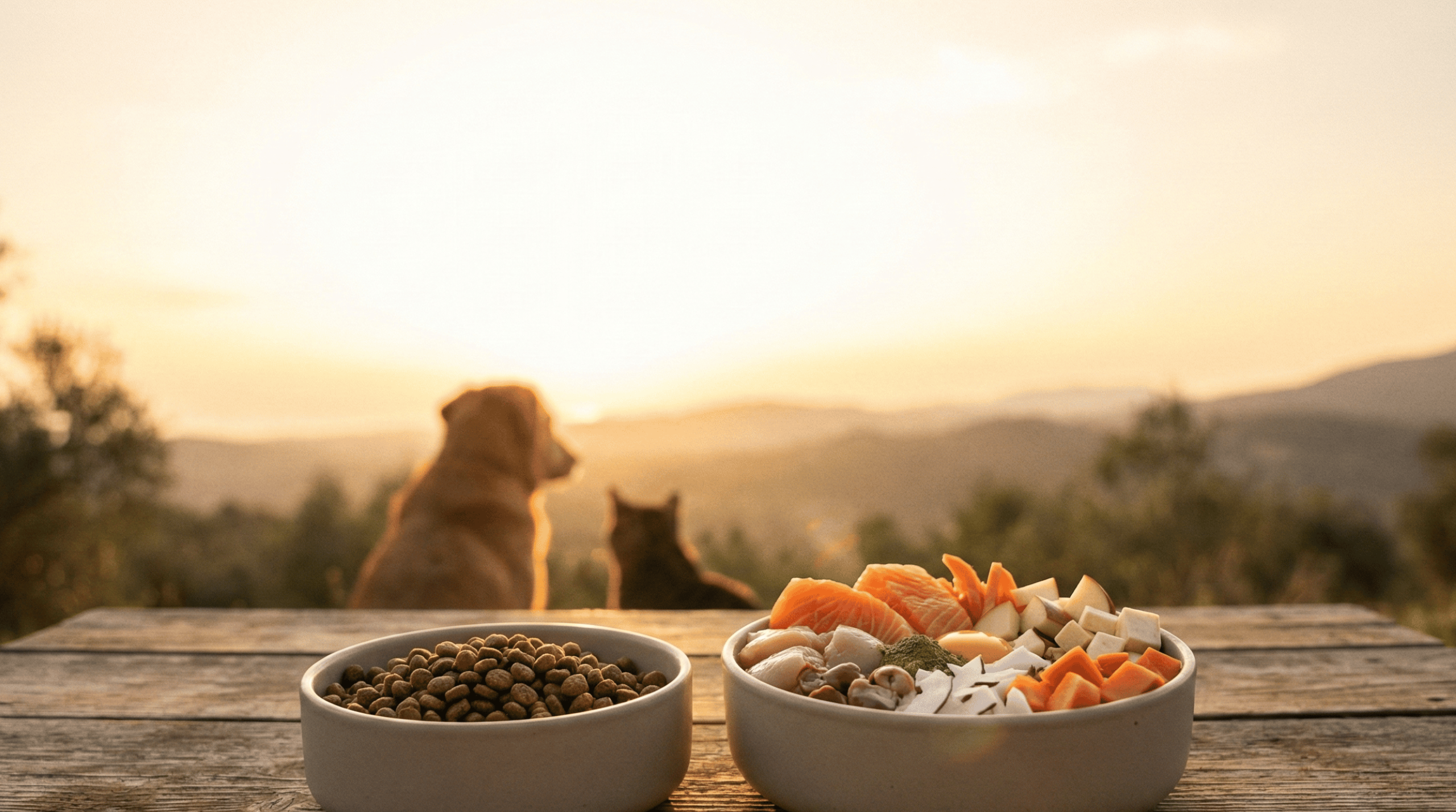Echte Ernährung für Hunde und Katzen: zwei Näpfe mit Trockenfutter und frischem Fleisch im Abendlicht