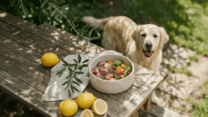 Hundefutter ohne künstliche Zusatzstoffe: frische Zutaten im Napf, Hund daneben im Garten