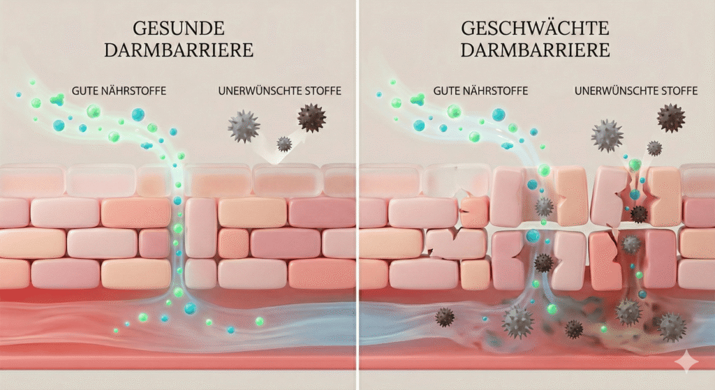 Hundefutter bei Allergien: Illustration einer gesunden und einer geschwächten Darmbarriere mit Nährstoffen und unerwünschten Stoffen
