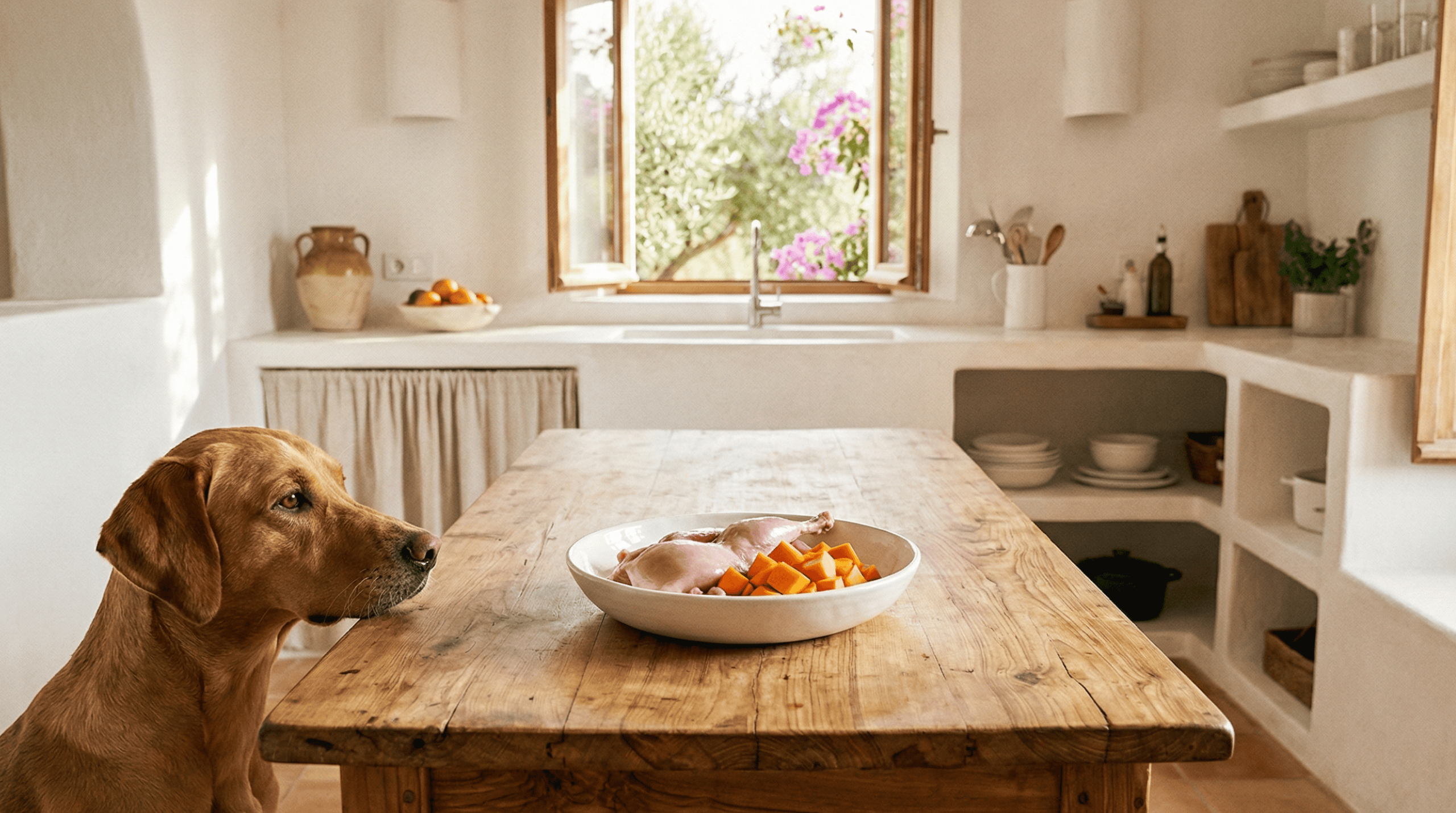 Hundefutter bei Allergien: Hund in der Küche vor Monoprotein-Schüssel mit Fleisch und Kürbis