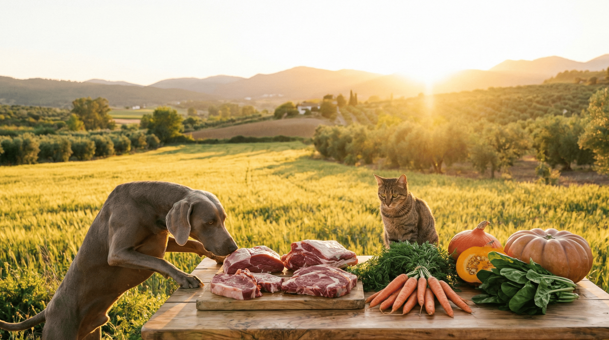 Hund und Katze am Holztisch mit frischen Zutaten und Fleisch für natürliches Tierfutter