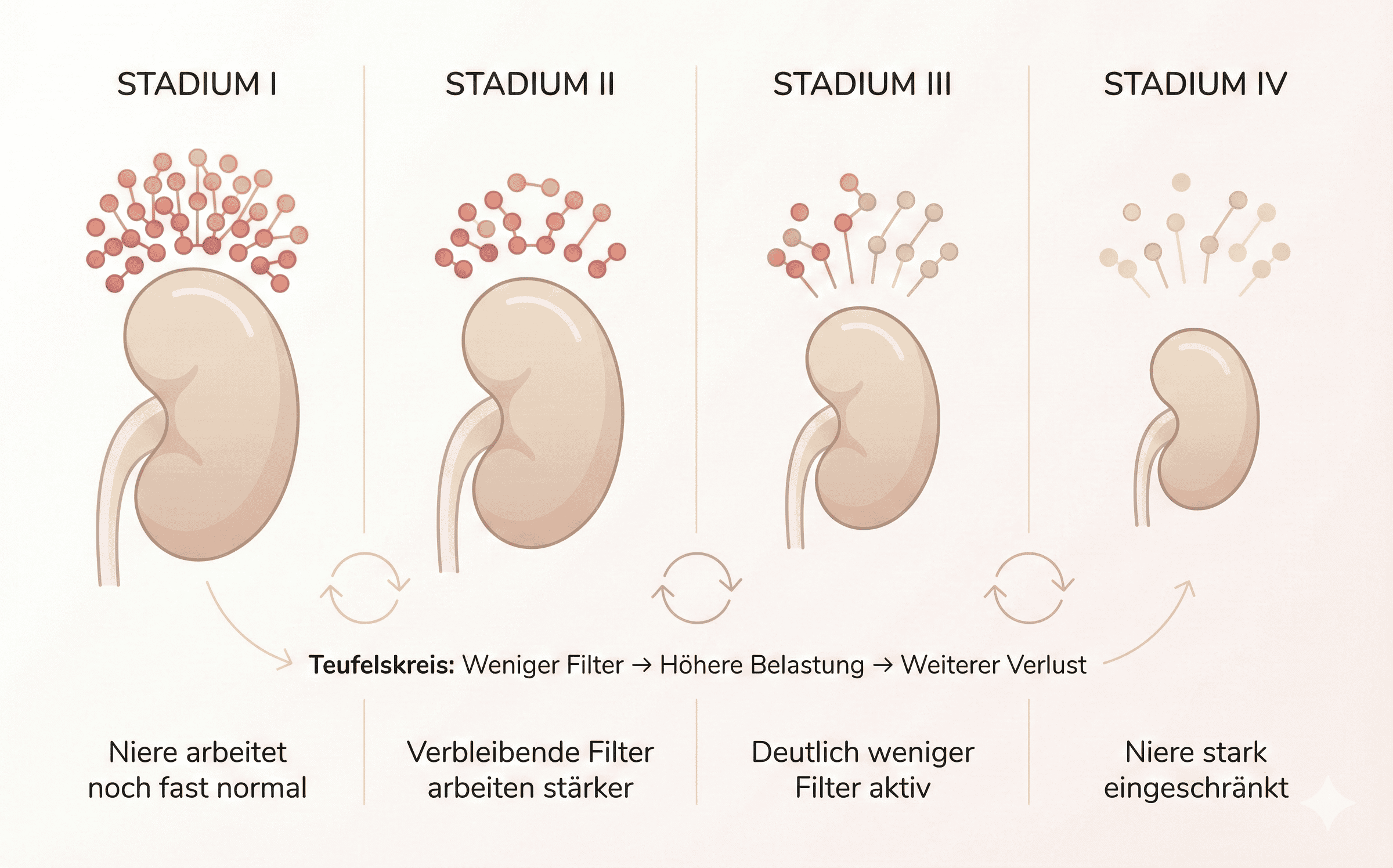 Chronische Niereninsuffizienz bei Katzen: Infografik zeigt Nephronverlust von Stadium I bis IV und die höhere Belastung der verbleibenden Nephrone.