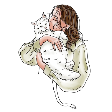 Illustration einer Frau, die ihre Katze auf dem Arm hält und ihr einen Kuss gibt