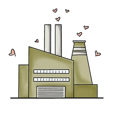 Illustration einer Fabrik mit Herzsymbolen an den Seiten
